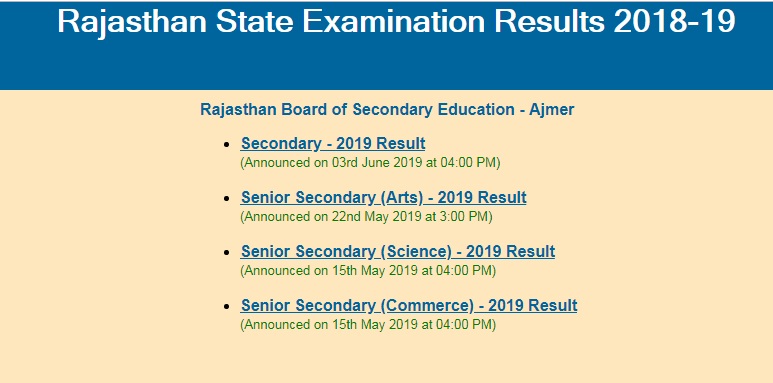 Rajasthan State Examination Results 2018 19