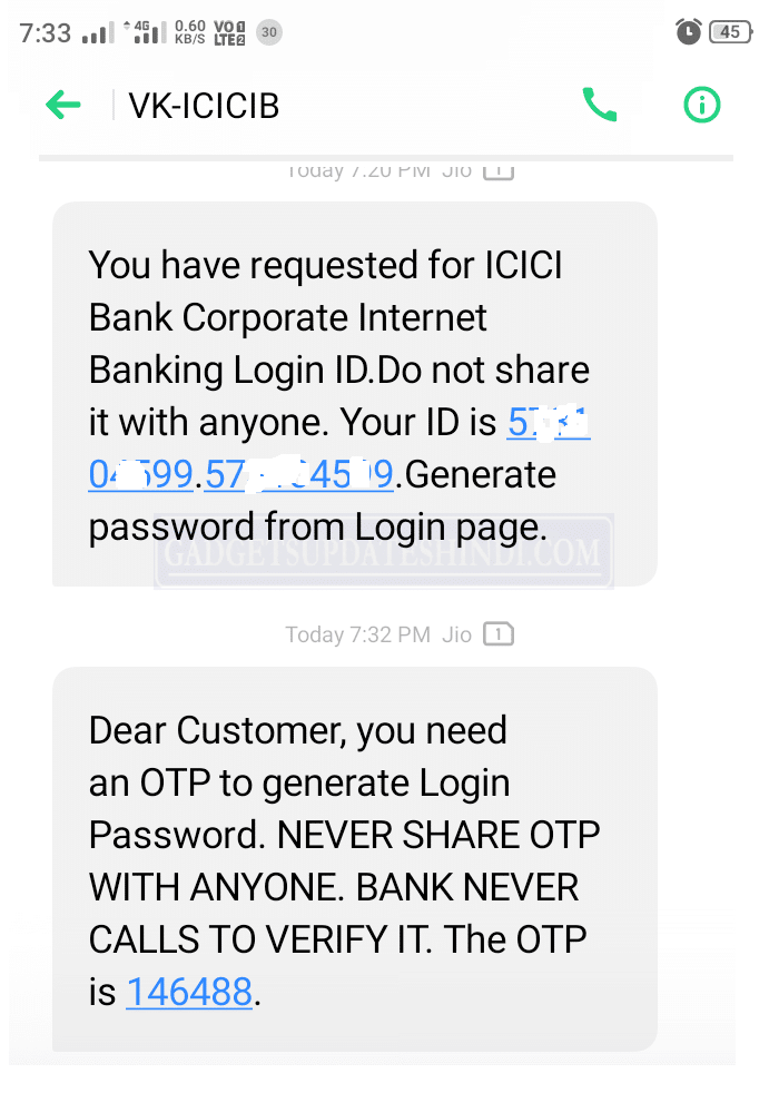 ICICI BANK received LOGING ID YOUR MOBILE